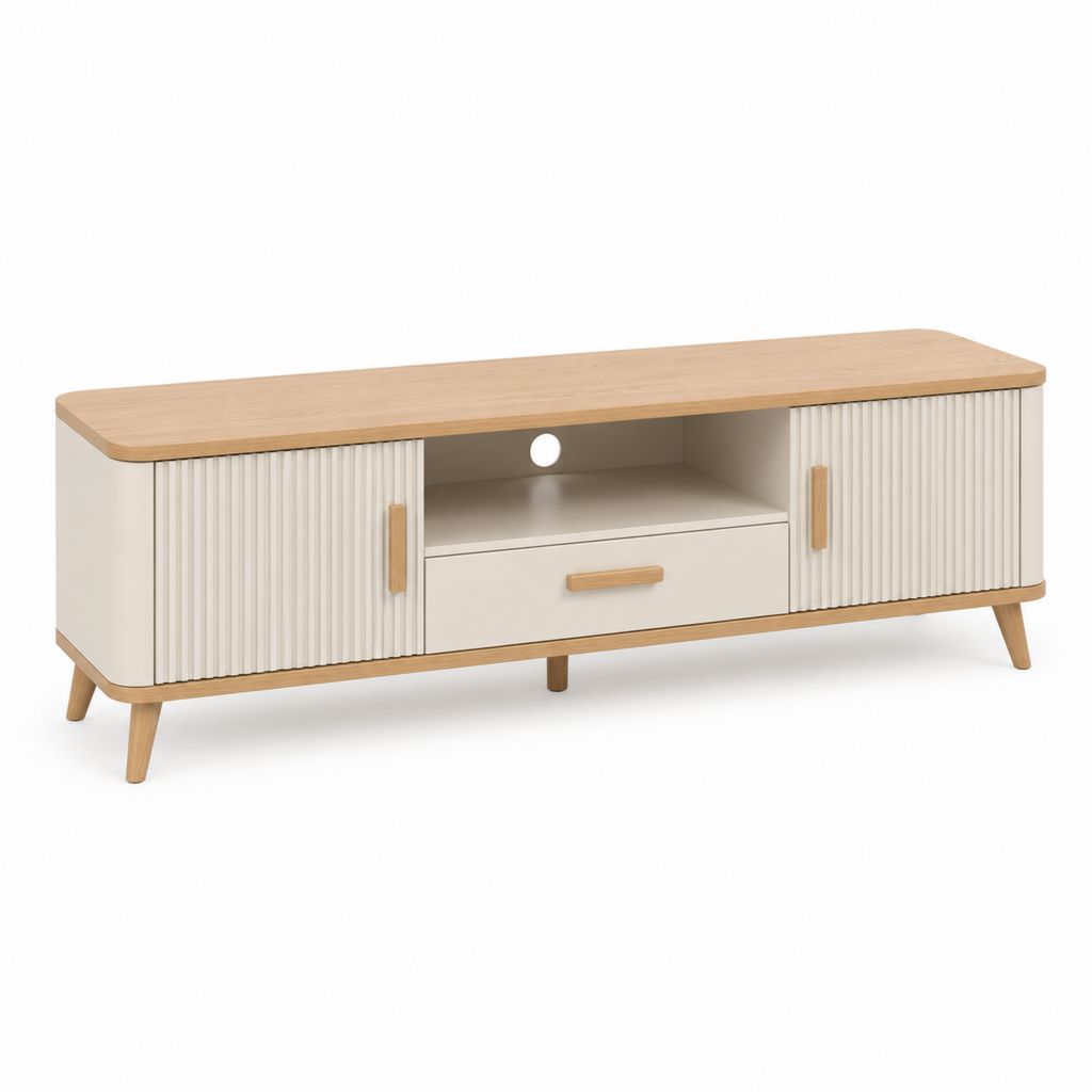 Meuble TV rectangulaire blanc et chêne en MDF 160 x 40 x 55 cm avec 2 portes et tiroir