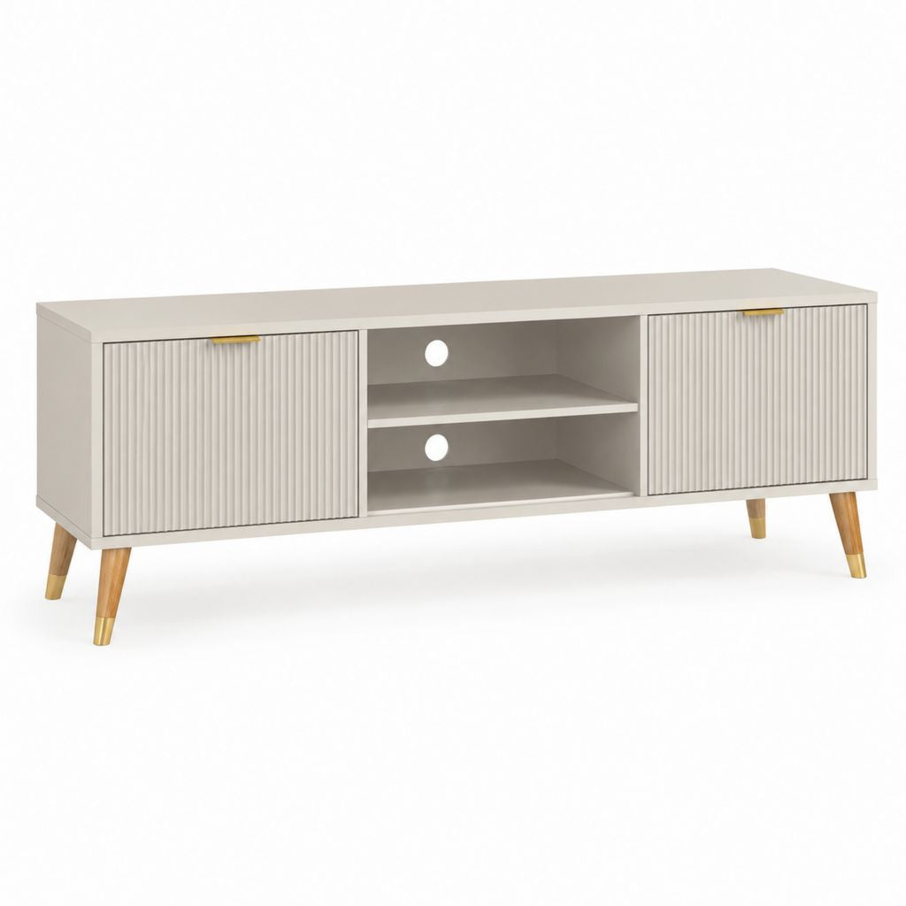 Meuble TV 160 cm beige en MDF avec portes striées et pieds en bois massif