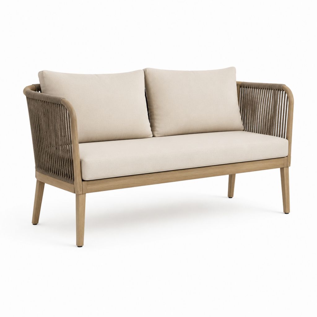Banc de jardin 2 places beige en acacia massif et corde PP 130 x 70 x 80 cm