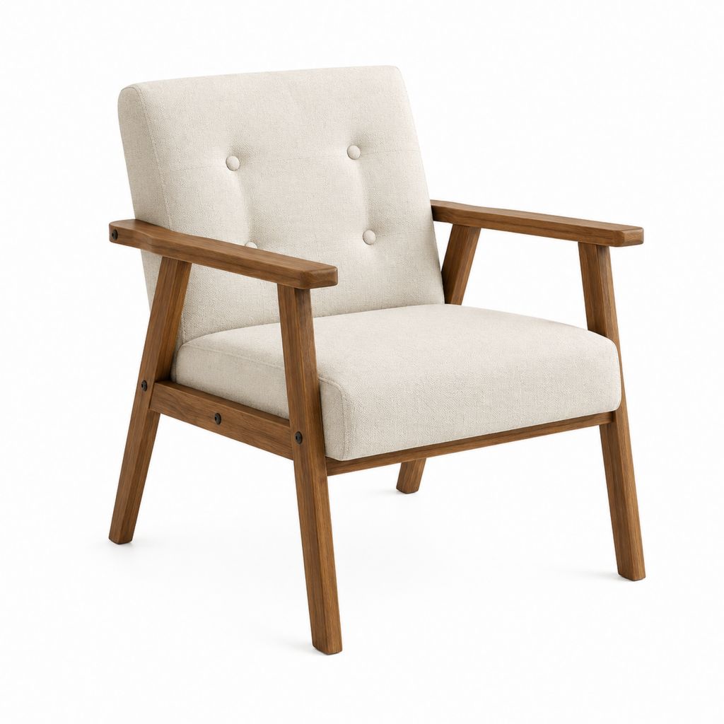 Fauteuil de salon beige en polyester et bois massif d'hévéa 68 x 75 x 83 cm