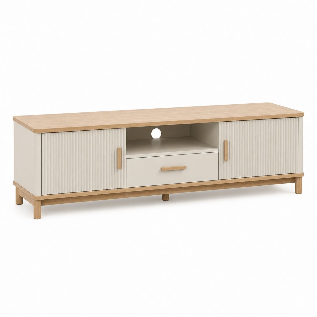 Meuble TV 160 x 40 x 55 cm blanc et chêne en panneaux MDF mélaminés avec 2 portes et tiroir