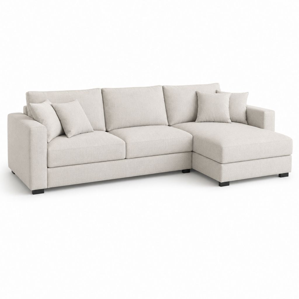 Canapé d’angle droit 3 places beige en polyester forme L 240 x 160 x 85 cm