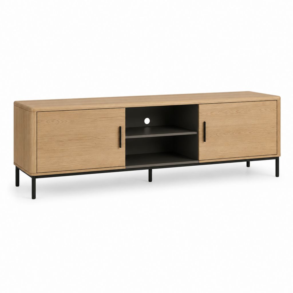 Meuble TV rectangulaire 180 x 40 x 60 cm chêne clair MDF noir acier