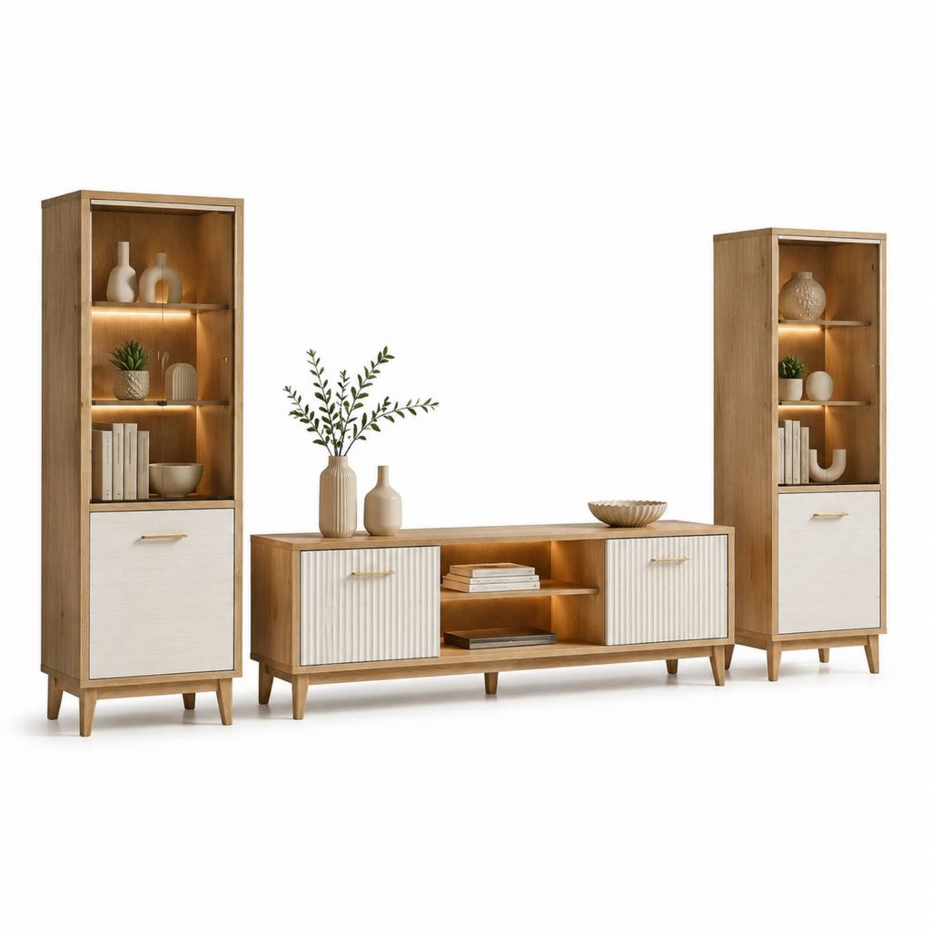 Ensemble meuble TV avec 2 vitrines chêne et blanc en panneaux mélaminés 160 x 40 x 55 cm