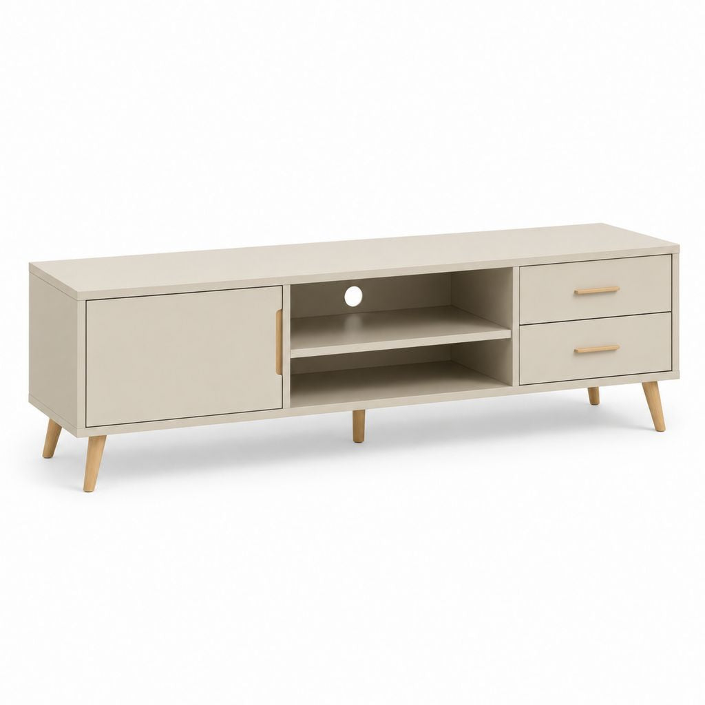 Meuble TV beige en panneaux de particules 160 x 40 x 55 cm avec 2 tiroirs et rangement ouvert