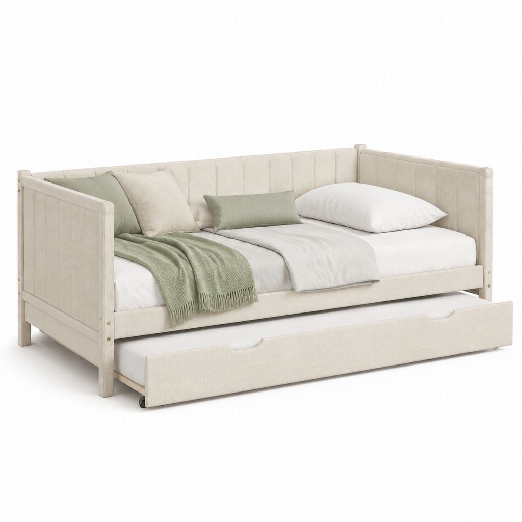 Canapé-lit gigogne beige en polyester et pin massif 90 x 200 cm avec lit d'appoint 90 x 190 cm
