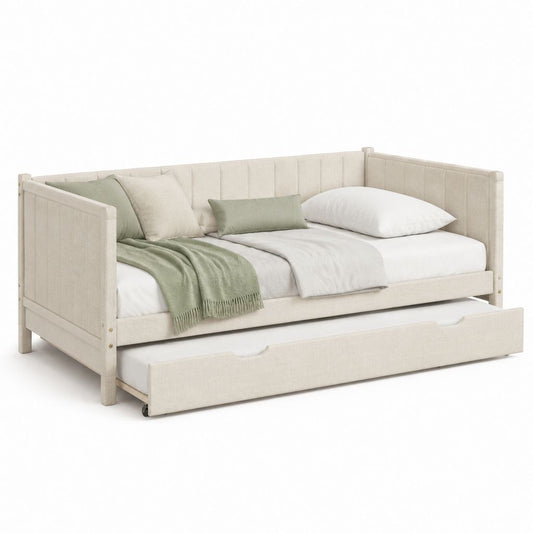 Canapé-lit gigogne beige en polyester et pin massif 90 x 200 cm avec lit d'appoint 90 x 190 cm