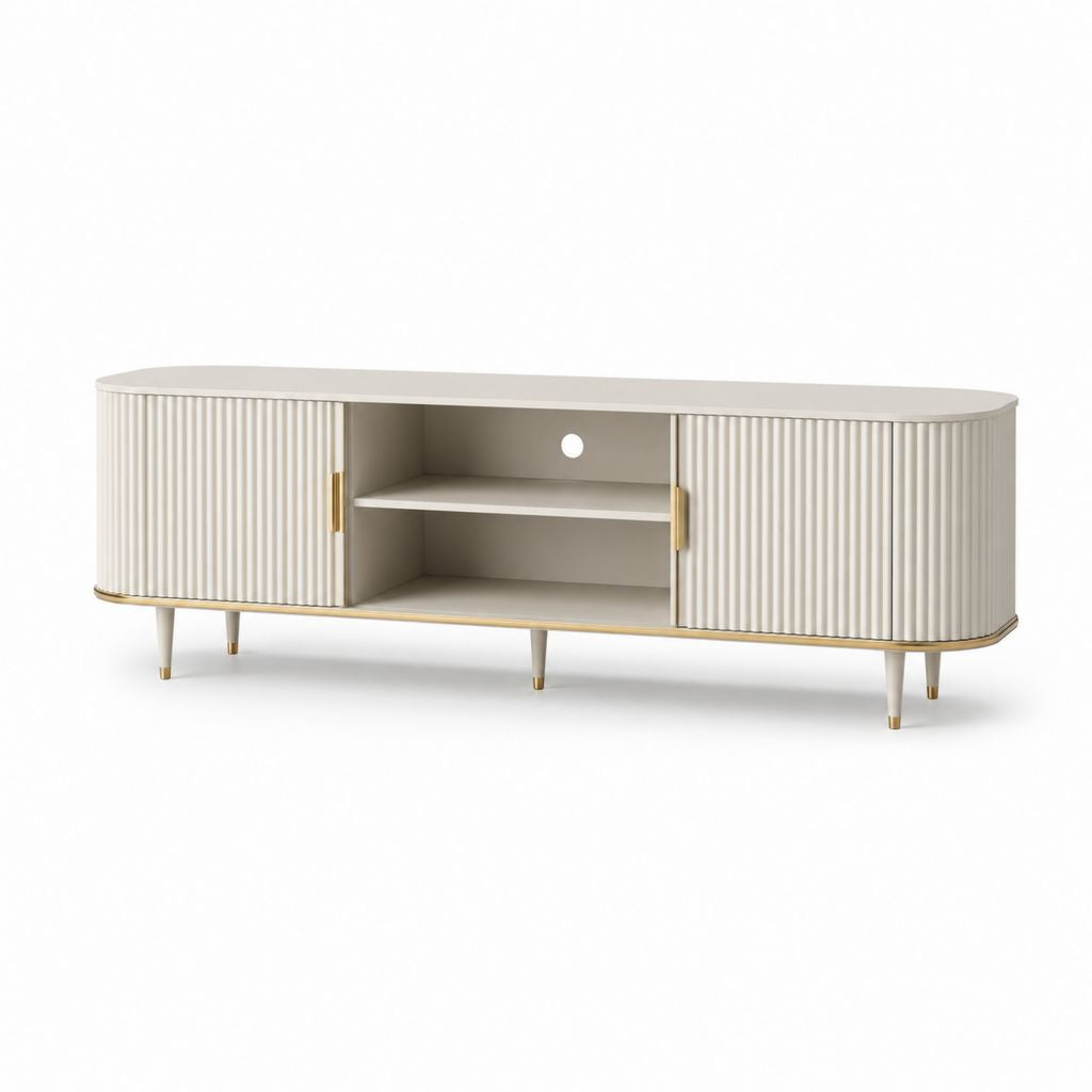 Meuble TV crème en panneaux de particules 180 x 40 x 60 cm avec 2 portes coulissantes et niches ouvertes