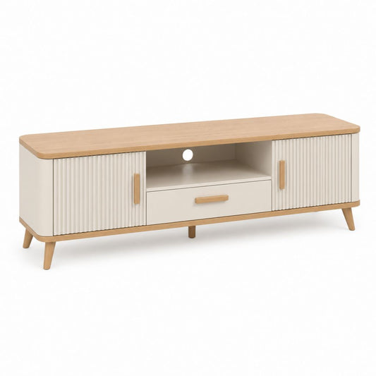 Meuble TV rectangulaire blanc et chêne en MDF 160 x 40 x 55 cm avec 2 portes et tiroir