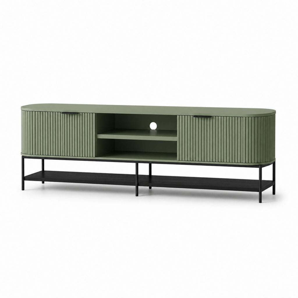 Meuble TV vert olive en panneaux MDF et acier rectangulaire 180 x 40 x 65 cm avec 2 portes et étagère ouverte