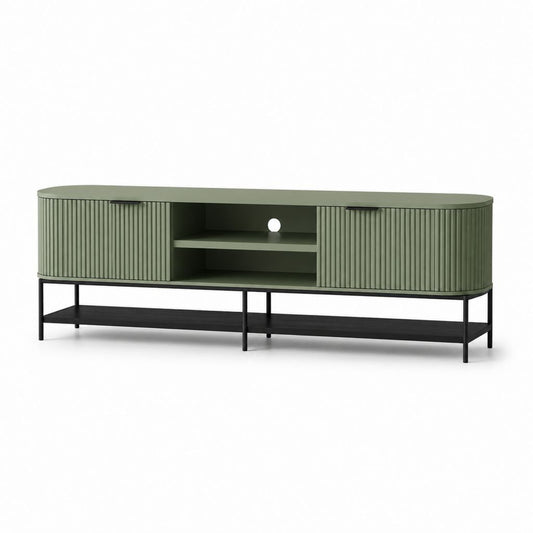 Meuble TV vert olive en panneaux MDF et acier rectangulaire 180 x 40 x 65 cm avec 2 portes et étagère ouverte