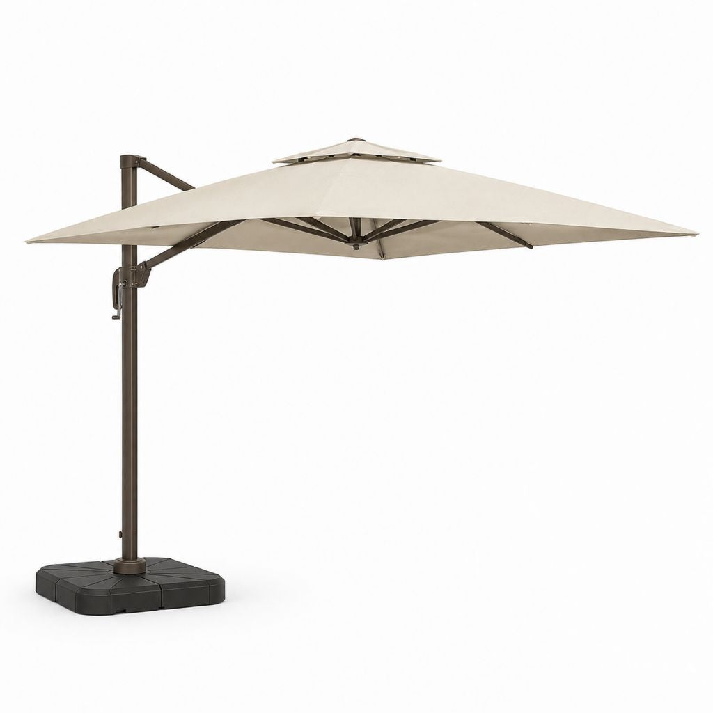 Parasol déporté carré beige en aluminium et polyester 300 x 300 cm avec pied lesté