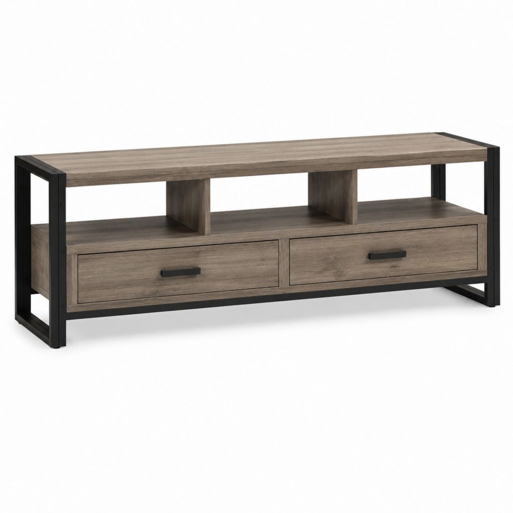 Meuble TV avec 2 tiroirs chêne grisé et acier noir 120 x 40 x 55 cm