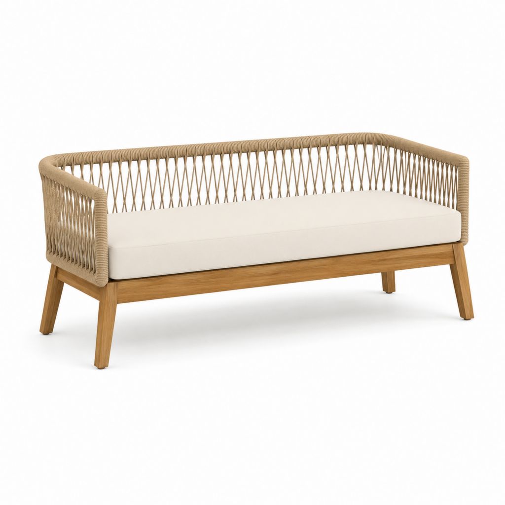 Banc de jardin 2 places beige en bois d’acacia massif et corde en polypropylène 150 x 75 x 75 cm