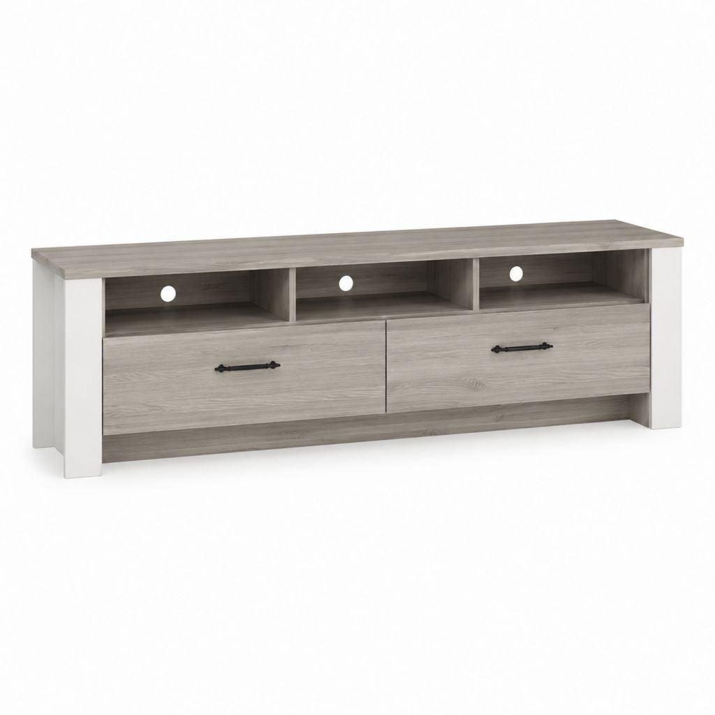 Meuble TV gris et blanc en panneaux de particules mélaminés 150 x 40 x 60 cm avec 2 tiroirs et 3 niches