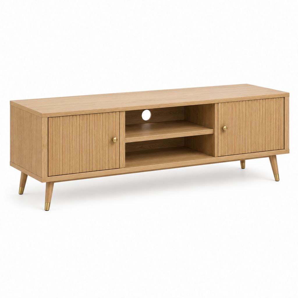 Meuble TV rectangulaire chêne clair en MDF plaqué 140 x 40 x 55 cm avec 2 portes et 2 étagères