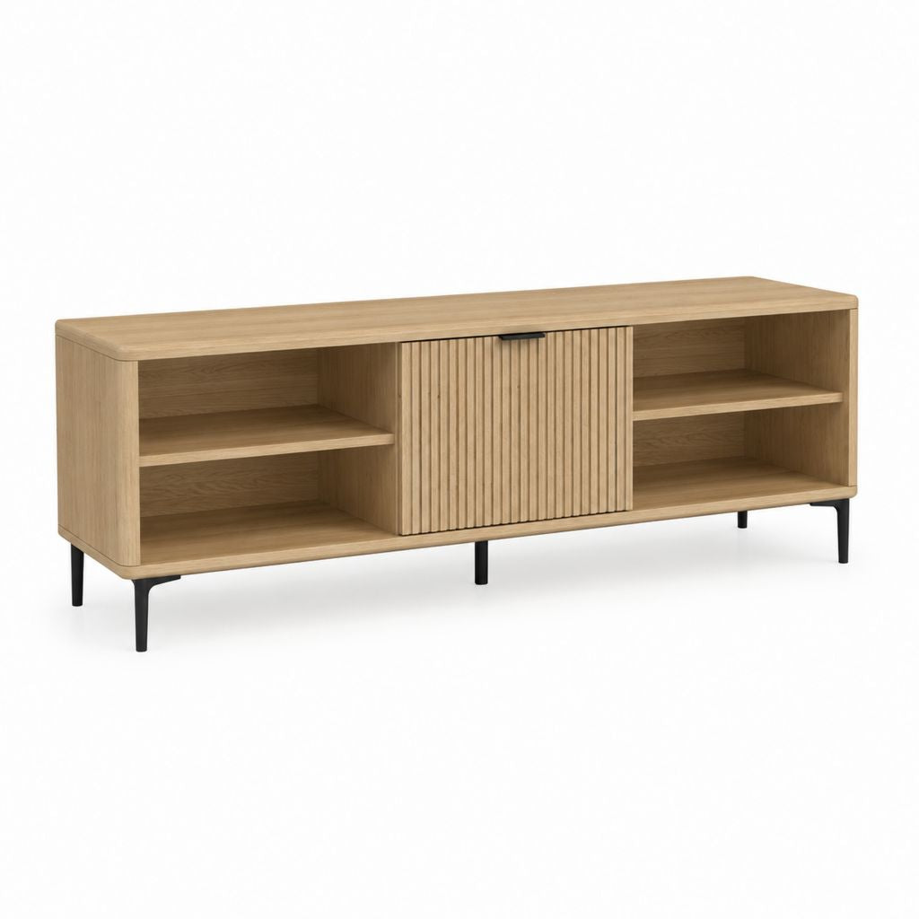 Meuble TV rectangulaire 160 cm chêne clair en MDF plaqué chêne avec porte coulissante
