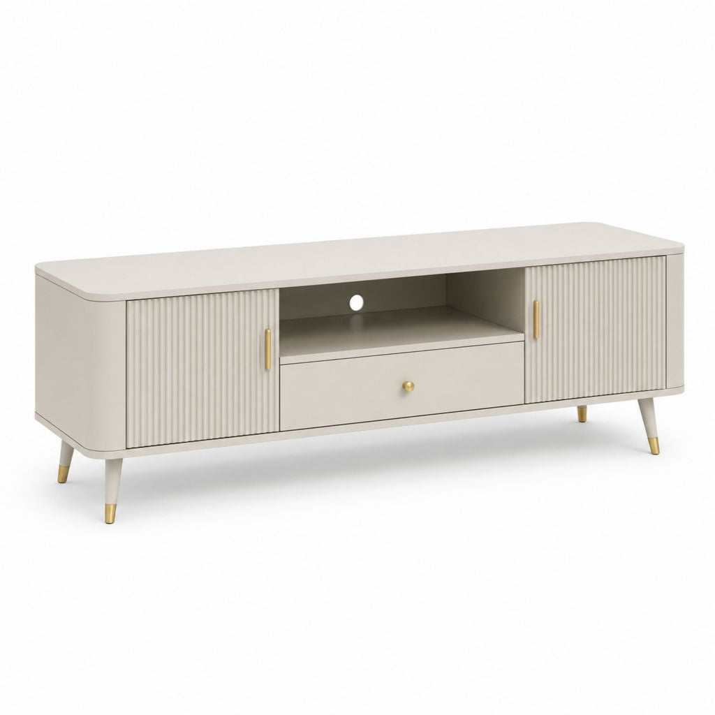 Meuble TV rectangulaire 160 x 40 x 60 cm blanc cassé en MDF avec 2 portes rainurées 1 tiroir et niche ouverte