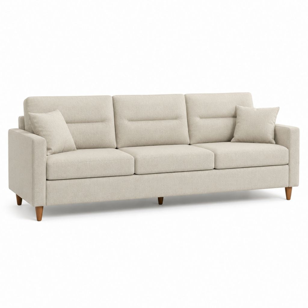 Canapé droit 3 places beige en polyester avec pieds en bois massif 220 x 90 x 85 cm