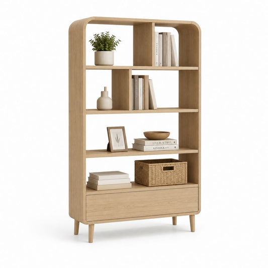 Bibliothèque 4 niveaux avec tiroir chêne naturel en MDF plaqué chêne 180 x 90 x 35 cm