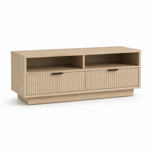 Meuble TV rectangulaire chêne clair en panneaux de particules 140 x 40 x 55 cm avec 2 portes et niches ouvertes