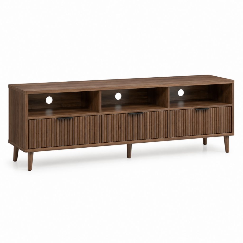 Meuble TV 160 cm noyer en MDF plaqué noyer avec 3 portes et passe-câbles