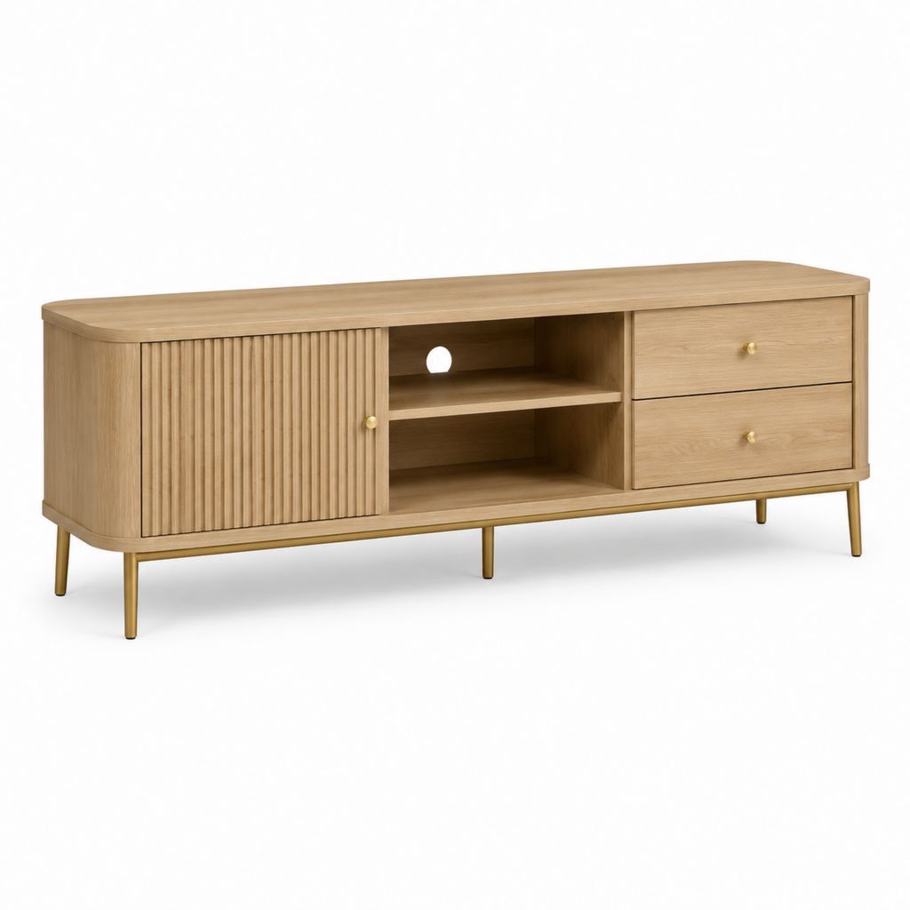 Meuble TV en MDF aspect chêne clair avec portes coulissantes et tiroirs 160 x 40 x 60 cm